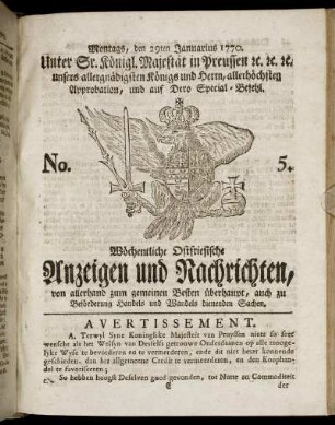 No. 5. Montags, den 29ten Januarius 1770.