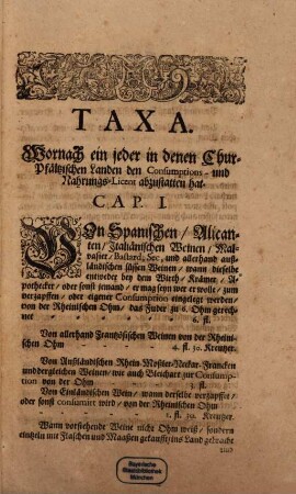 Churfürstliche Pfältzische Licent-Taxa und Consumptions-Ordnung : Publicirt den 15. October Anno 1699.