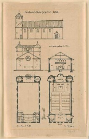 Fischer, Theodor; Gauting / Starnberg (Bayern); Ev. Christuskirche - Grundrisse, Ansichten, Schnitt