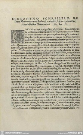 Hieronymo Schreibero Rerum Mathemathicarum studioso, amico suo, Ioannes Schonerus Carolostadius Mathematicus.