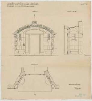 Fischer, Theodor; Nördlingen; Landwirtschaftsschule - Eingang (Grundriss, Ansicht, Schnitt)