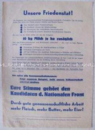 Propagandaflugblatt der Nationalen Front zur Volkskammerwahl 1961 mit dem Aufruf zur Steigerung der landwirtschaftlichen Produktion