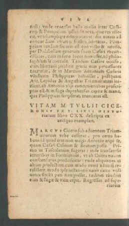 Vitam M. Tullii Ciceronis Ex T. Livii Historiarum libro CXX. descripta ex antiquo exemplari.