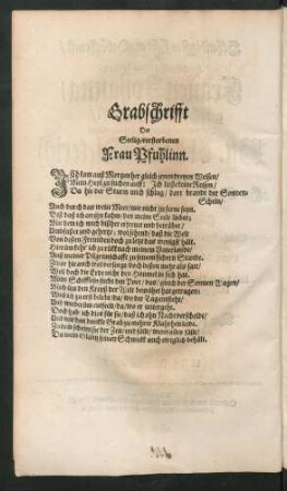 Grabschrifft Der Seelig-verstorbenen Frau Pfuhlinn.
