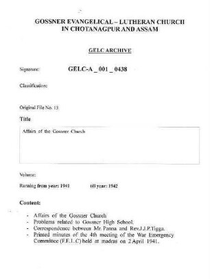 Affairs of the Gossner Church
