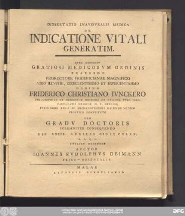 Dissertatio Inavgvralis Medica De Indicatione Vitali Generatim