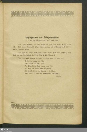 Schlußworte des Bürgermeisters im 3. Akt des Heimatspiels "der Pönfall"