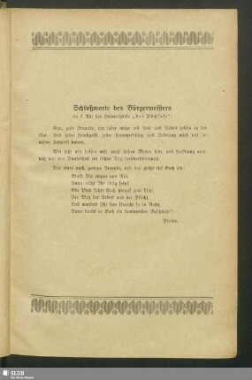 Schlußworte des Bürgermeisters im 3. Akt des Heimatspiels "der Pönfall"