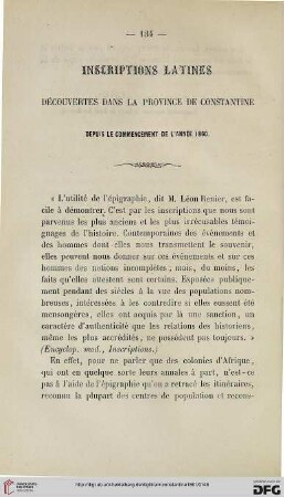 5: Inscriptions latines découvertes dans la province de Constantine depuis le commencement de l'année 1860