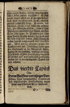 Das vierdte Capitel. Von Herrn Wolffens unrichtiger Vorstellung seines metaphysischen Systematis [...]