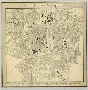 Stadtplan von Leipzig mit den Vororten und Bahnhöfen sowie einer Legende