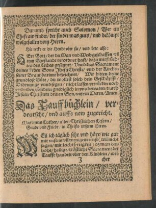 Das Tauffbüchlein/ verdeutscht/ und auffs new zugericht.