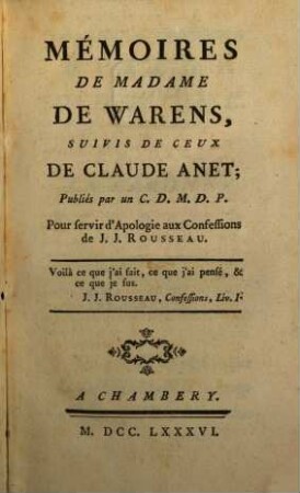 Mémoires de Madame de Warens suivis de ceux de Claude Anet