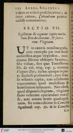 Sectio VII.: Sigillatim de tegmine capitis mulierum Deo devotarum, & sacrarum Virginum