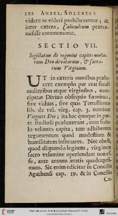 Sectio VII.: Sigillatim de tegmine capitis mulierum Deo devotarum, & sacrarum Virginum