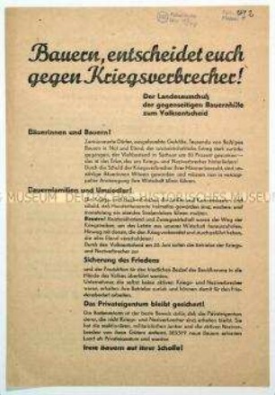 Aufruf des Landesausschusses Sachsen der gegenseitigen Bauernhilfe an die Bauern, beim Volksentscheid über die Enteignung von Kriegs- und Naziverbrechern mit "Ja" zu stimmen