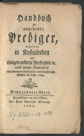 19. Theil (1784): Handbuch für angehende Prediger