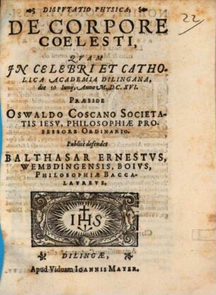 Disputatio Physica De Corpore Coelesti