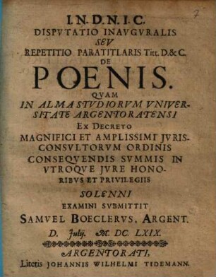 Disputatio Inauguralis Seu Repetitio Paratitlaris Titt. D. & C. De Poenis