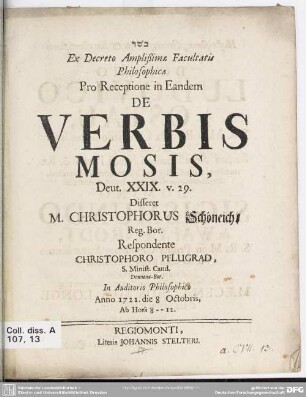 Ex Decreto Amplißimae Facultatis Philosophicae Pro Receptione in Eandem De Verbis Mosis Deut. XXIX, v. 29.