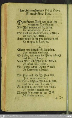 Des Frauenzimmers Pro & Contra Alamodisches Lied