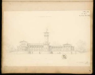 Kaffeehaus am Wasser Monatskonkurrenz März 1873: Aufriss Wasseransicht; 1:150, Maßstabsleiste