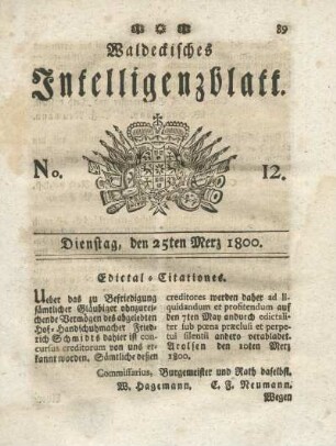 No. 12, Dienstag, den 25ten Merz 1800