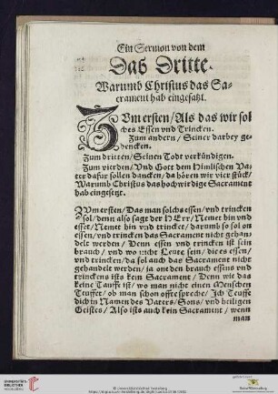 Das Dritte: Warumb Christus das Sacrament hab eingesatzt