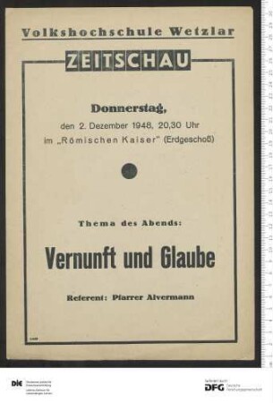 Ankündigung einer einzelnen Veranstaltung 1948