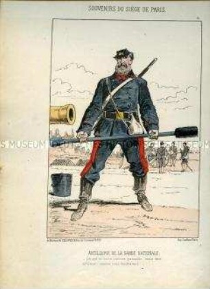 Karikatur, Artillerist der National-Garde vergleicht sich mit preußischen Geschützen, Frankreich 1870. Tafel 18 aus: Souvenirs du Siège de Paris. Les Défenseurs de la Capitale.