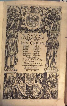 Novvm Testamentvm Dni. Nri. Iesv Christi. : Syriacè Ebraicè Graecè Latinè Germanicè Bohemicè Italicè Hispanicè Gallicè Anglicè Danicè Polonicè, 1. ... Continens Evangelivm Domini Nostri Iesv Christi, Secvndvm S. Matthaevm, S. Marcvm, S. Lvcam, S. Iohannem, Et Acta Apostolorvm