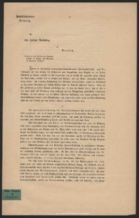 An den Hohen Reichstag zu Berlin : Beschwerde und Petition der Handelskammer Leipzig, Einrichtungen im Postwesen betreffend