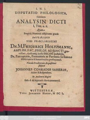 Disputatio Philologica, Continens Analysin Dicti I. Tim. 4. 8.