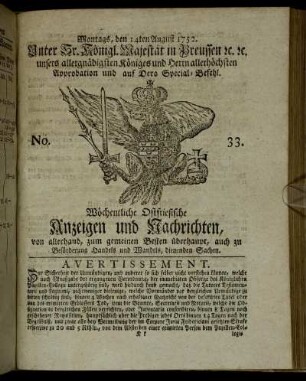 No. 33. Montags, den 14ten August 1752.