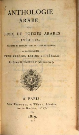 Anthologie Arabe : ou Choix de Poesies Arabes inedites ...