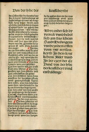 Alhye endet sich dy vorrede unnd hebet sich ann das lebenn Sandt Hedwigenn unnd czu dem ersten vonn yrer mytsamkeyth In dem kyntlichenn Alder unnd In der czeyt der Ee Unnd von der lybe der keusscheyt unnd enthaldunge.