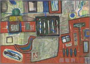 Ohne Titel [Rote Landschaft mit Vogel und Hammer]