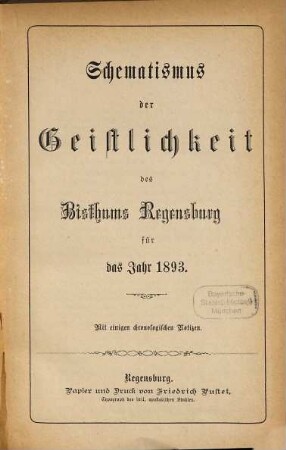 Schematismus des Bistums Regensburg. 1893