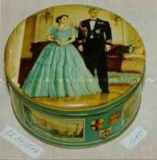 Blechdose "Huntley und Palmers Biscuits" (Abbildung von Königin Elizabeth II. und Prinz Philip)