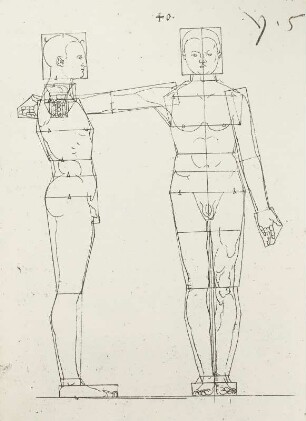 Mann seitlich und von vorn mit erhobenem Arm mit Proportionslinien : Dresdner Skizzenbuch (1507/1528). Mann seitlich und von vorn mit erhobenem Arm mit Proportionslinien (aus: R. Bruck: Das Skizzenbuch von Albrecht Dürer, Straßburg 1905, Tafel 57, Blatt 140r, Str. 107, Kriegsverlust). Dresden: SLUB Mscr.Dresd.R.147.f