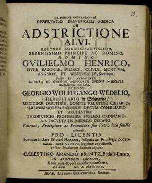 Dissertatio Inauguralis Medica De Adstrictione Alvi