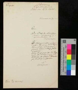 Schreiben an den Chef der dänischen Flotten-Abtheilung I, Kiel, 2. März 1885