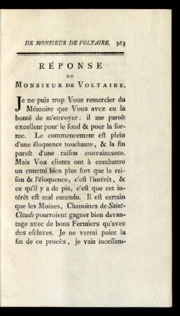Réponse de Monsieur de Voltaire.
