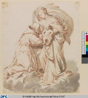 Maria mit dem Kind auf Wolken, von einem Mönch verehrt