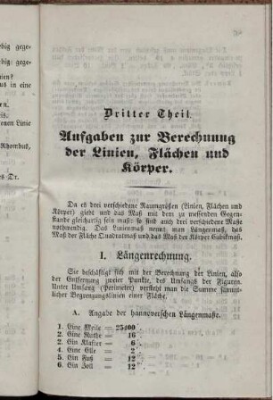 Dritter Theil. Aufgaben zur Berechnung der Linien, Flächen und Körper.