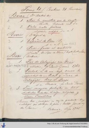 Handschriftliches Inhaltsverzeichnis des Sammelbandes.