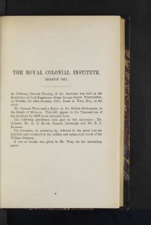 Ordinary General Meeting : British Settlements in the Straits of Malacon, by Mr. Leonard Wray.