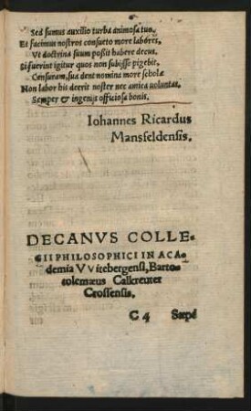 Decanus Collegii Philosophici In Academia Witebergensi, Bartotolemaeus Calkreuter Crossensis.