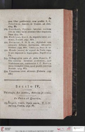 Sectio IV. Philologia. Ars poetica, rhetorica et critica (Nr. 775 - 854)