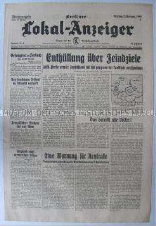Tageszeitung "Berliner Lokal-Anzeiger" u.a. über angebliche Pläbne der Westmächte zur Aufteilung Deutschlands nach dem Krieg